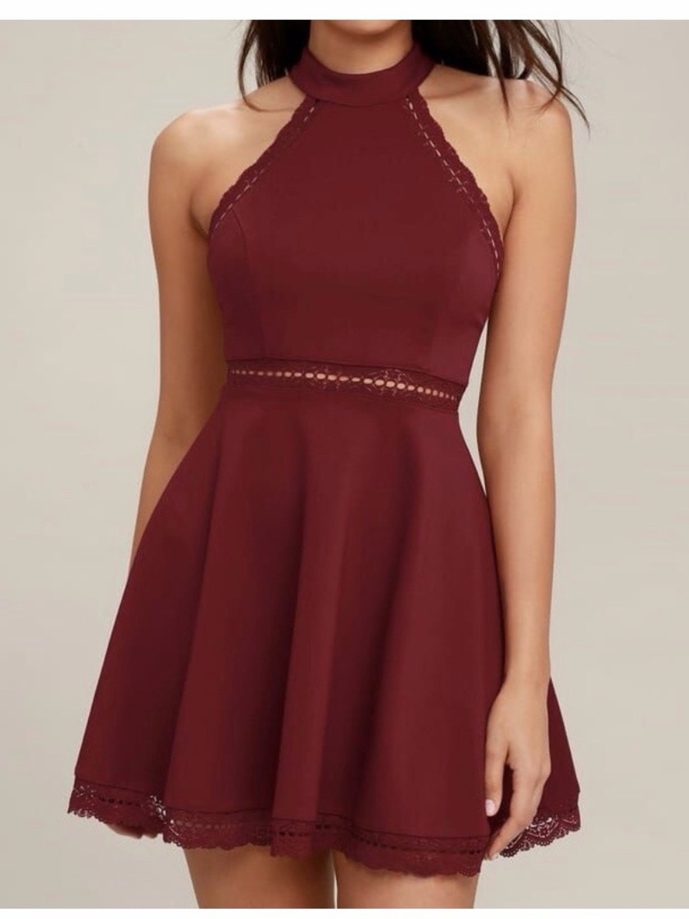 Lulus S Burgundy Lace Skater Dress | Reach Out My Hand | High Halter Neck